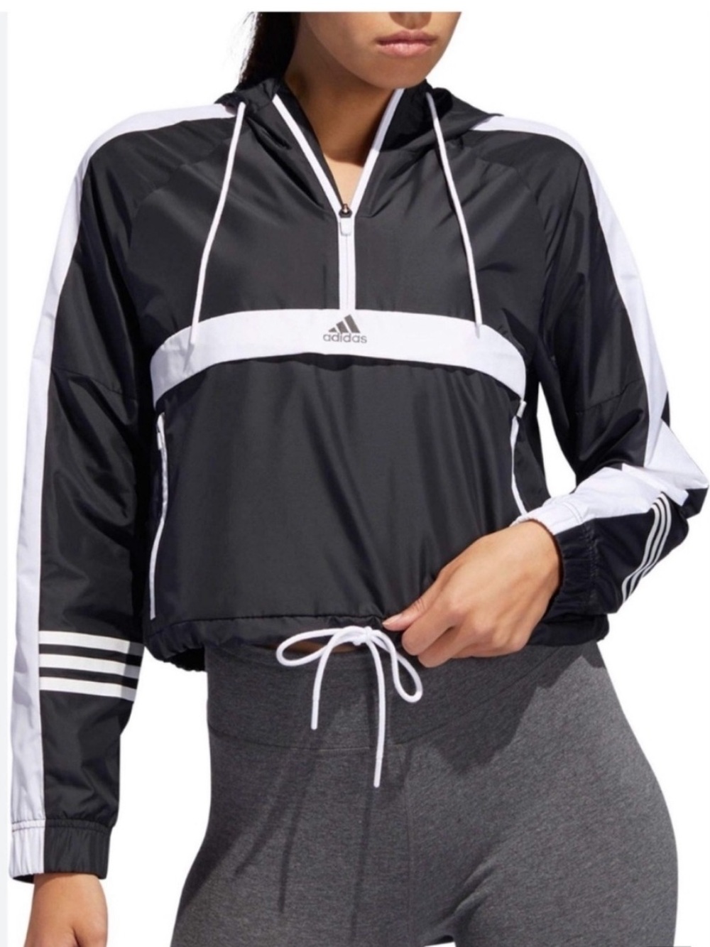 Adidas Women's ID Half-Zip Cropped Wind Jacket Black White Hoodie Large L